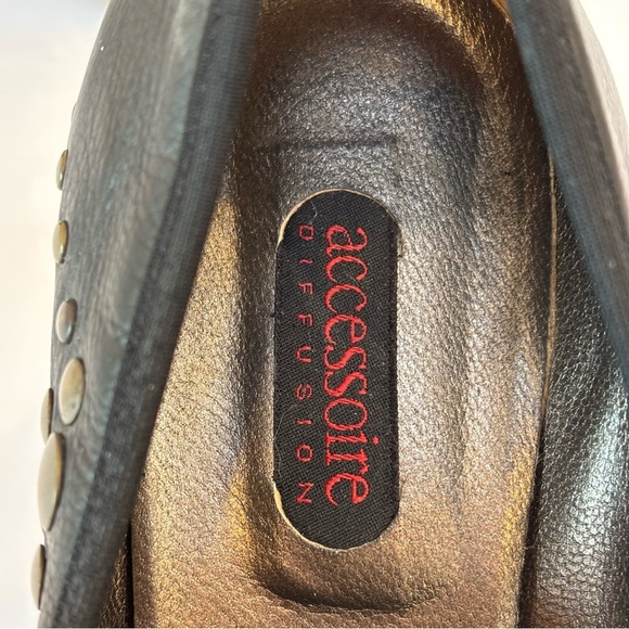 Accessoire Diffusion Paris Black Leather Block Heel Studded Pumps EU 37.5 US 7 - Picture 9 of 13